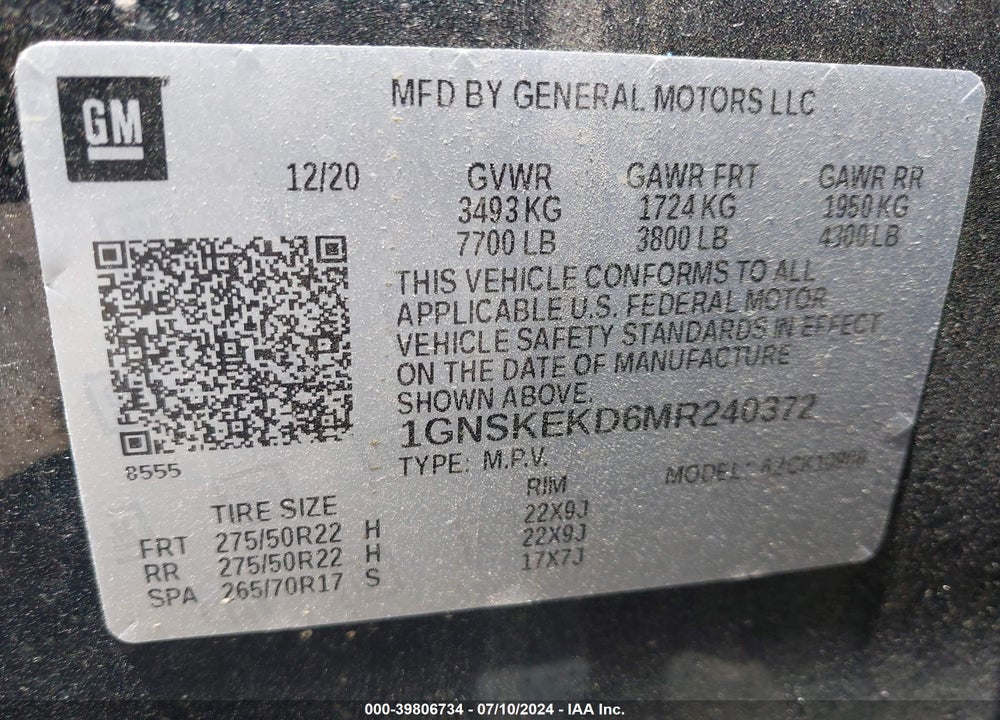 2021 CHEVROLET SUBURBAN 4WD RST VIN: 1GNSKEKD6MR240372