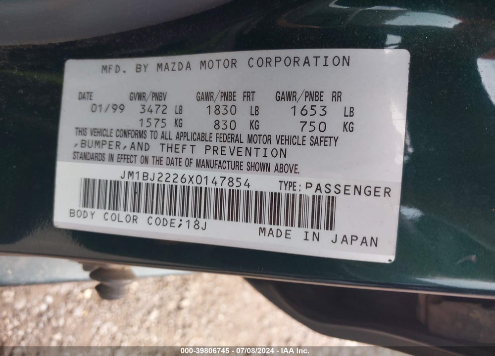 1999 MAZDA PROTEGE DX/LX VIN: JM1BJ2226X0147854