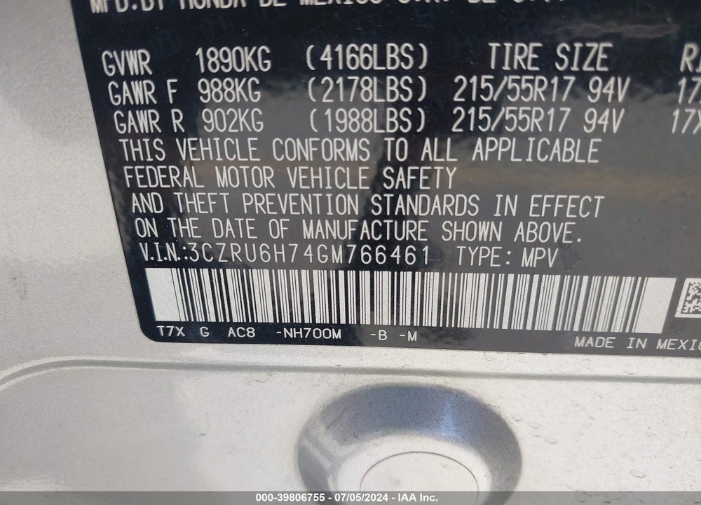 2016 HONDA HR-V EX-L VIN: 3CZRU6H74GM766461
