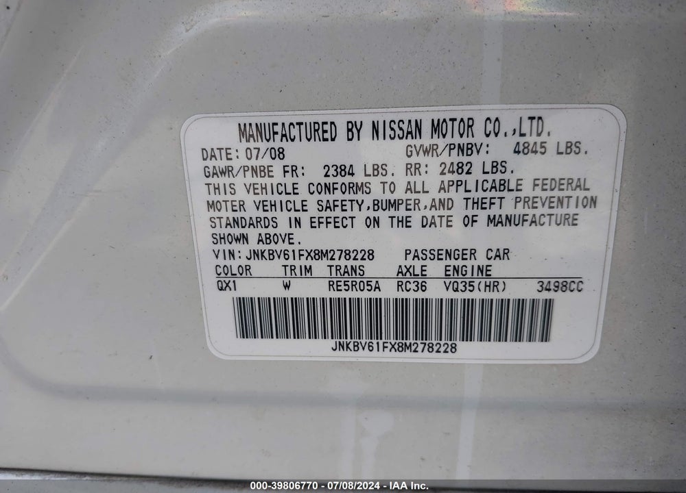 2008 INFINITI G35X VIN: JNKBV61FX8M278228