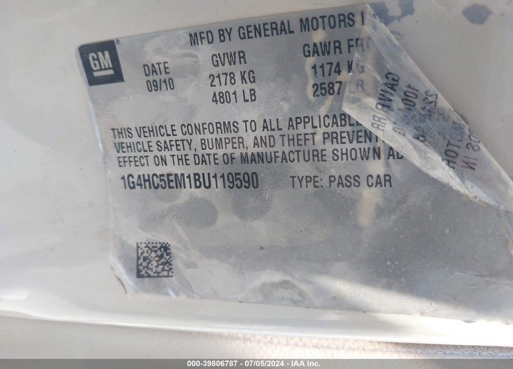 2011 BUICK LUCERNE CXL VIN: 1G4HC5EM1BU119590