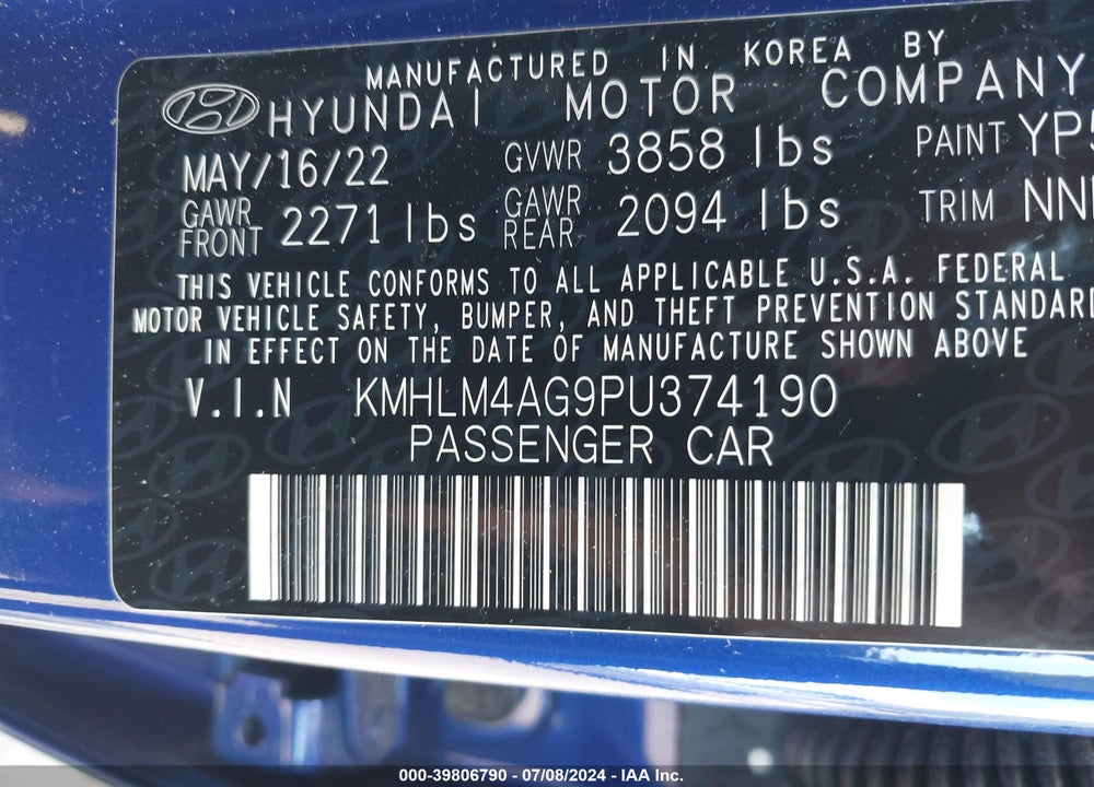2023 HYUNDAI ELANTRA SEL VIN: KMHLM4AG9PU374190