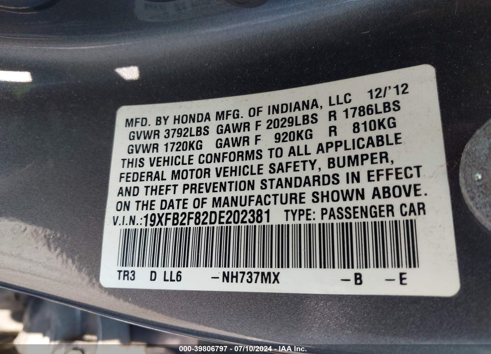 2013 HONDA CIVIC VIN: 19XFB2F82DE202381