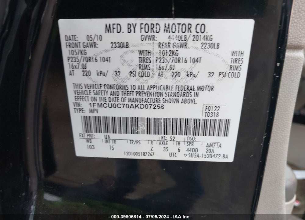 2010 FORD ESCAPE XLS VIN: 1FMCU0C70AKD07258