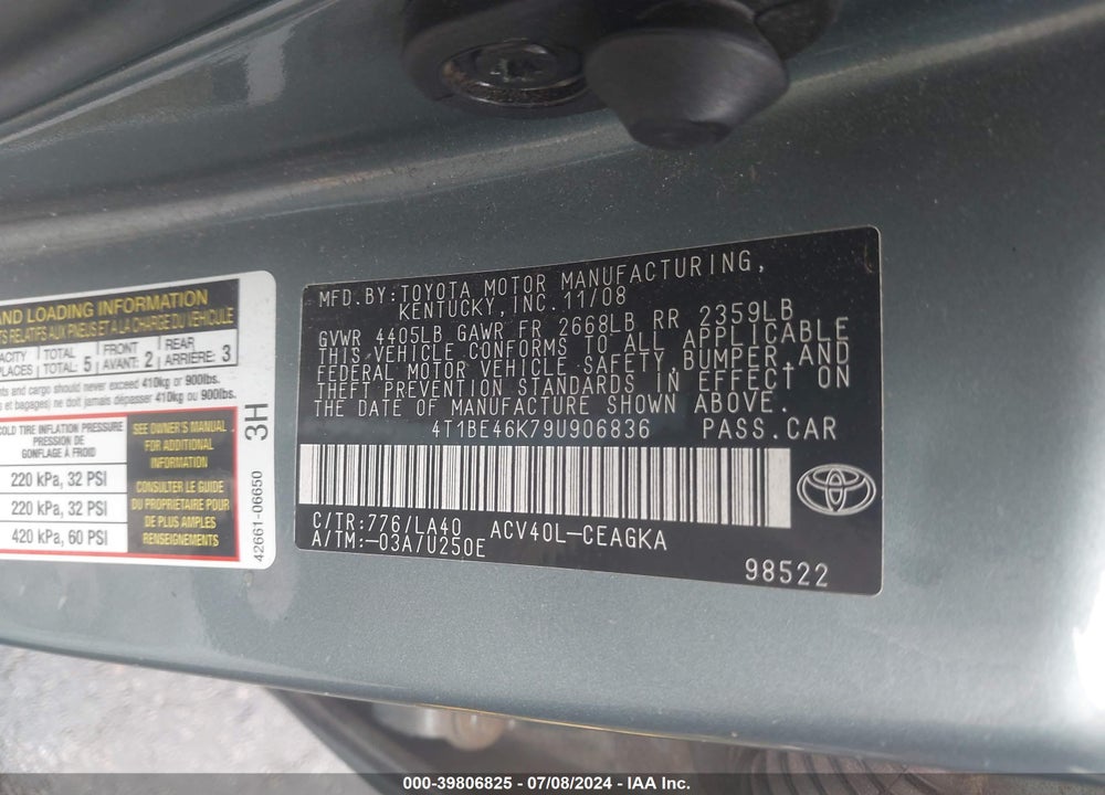 2009 TOYOTA CAMRY XLE VIN: 4T1BE46K79U906836