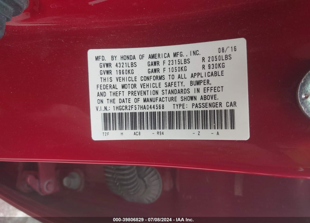 2017 HONDA ACCORD SPORT VIN: 1HGCR2F57HA044568