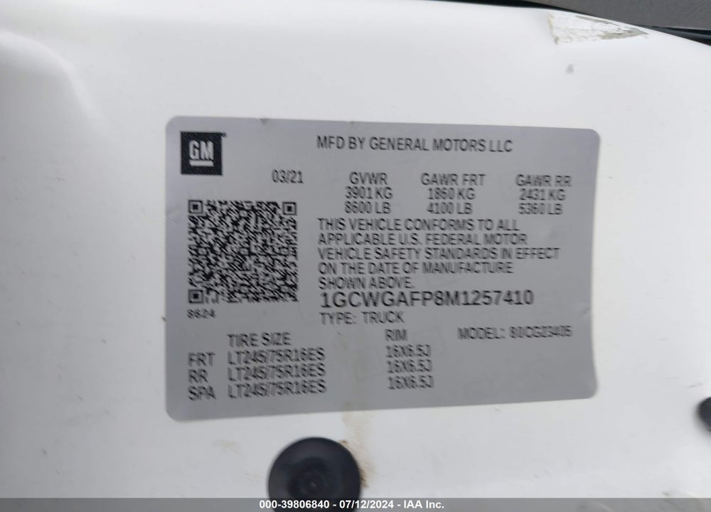 2021 CHEVROLET EXPRESS CARGO RWD 2500 REGULAR WHEELBASE WT VIN: 1GCWGAFP8M1257410
