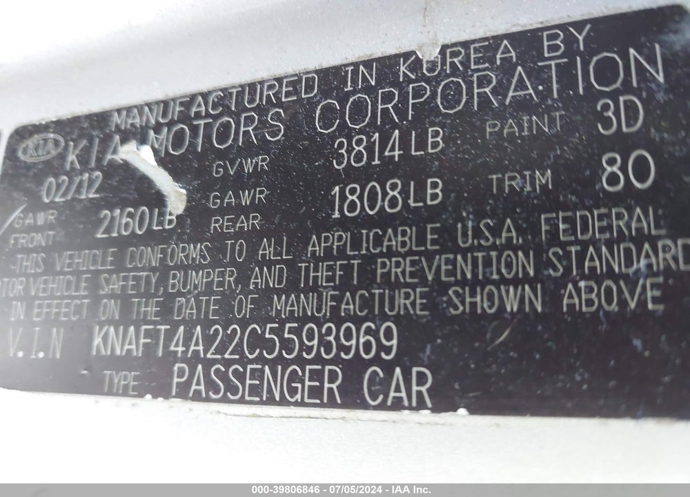 2012 KIA FORTE VIN: KNAFT4A22C5593969
