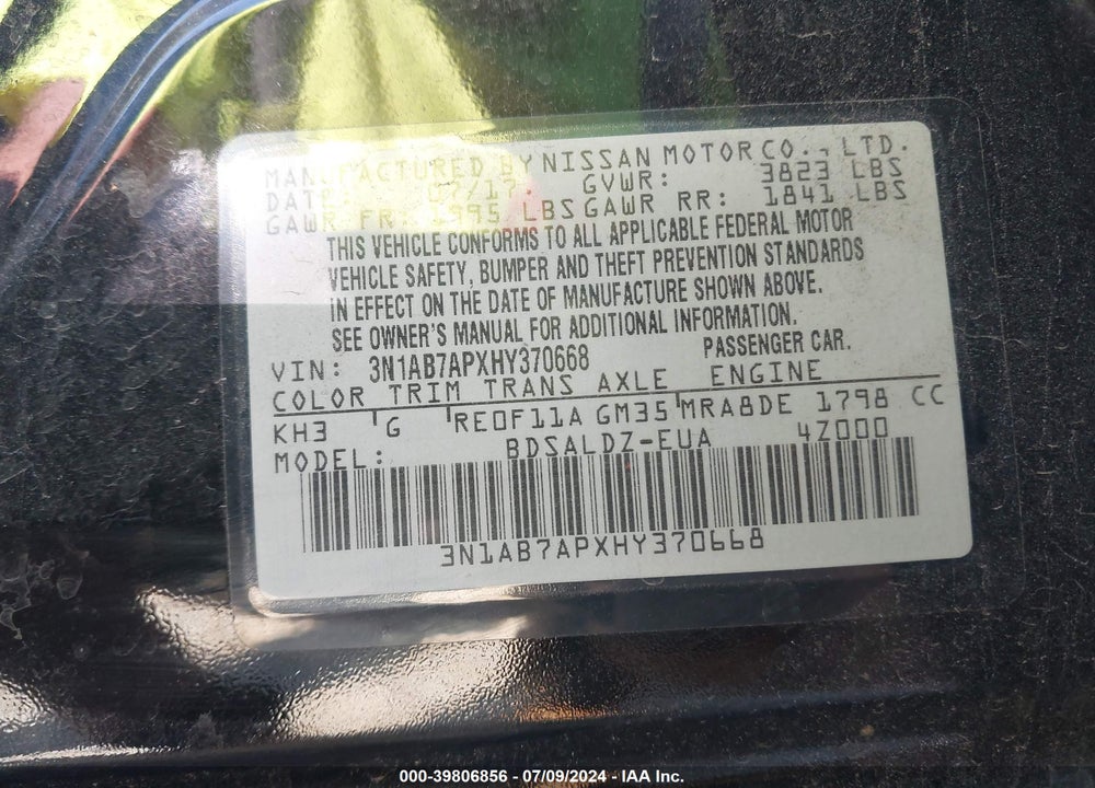 2017 NISSAN SENTRA SV VIN: 3N1AB7APXHY370668