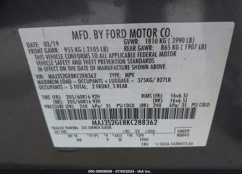 2019 FORD ECOSPORT SE VIN: MAJ3S2GE8KC288362
