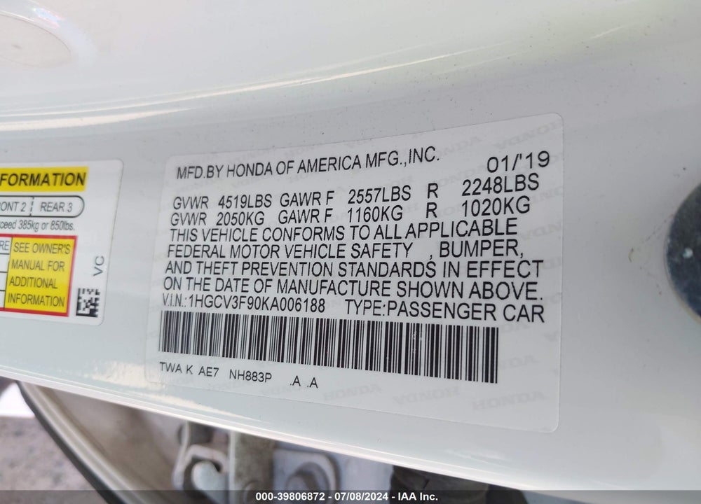 2019 HONDA ACCORD HYBRID TOURING VIN: 1HGCV3F90KA006188