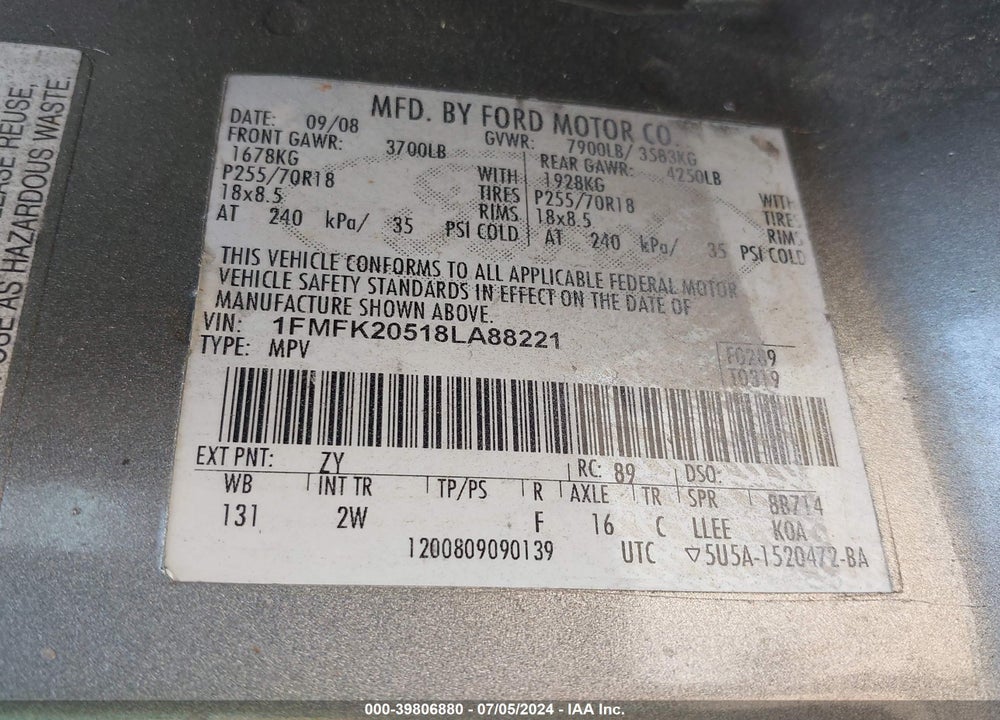 2008 FORD EXPEDITION EL LIMITED VIN: 1FMFK20518LA88221