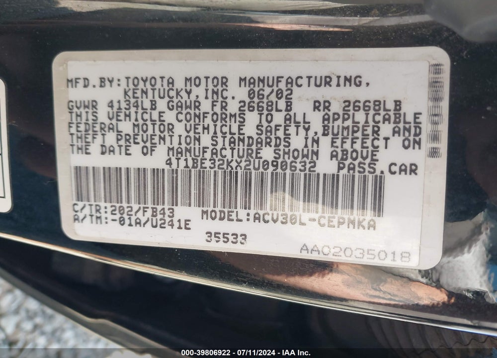 2002 TOYOTA CAMRY LE VIN: 4T1BE32KX2U090632