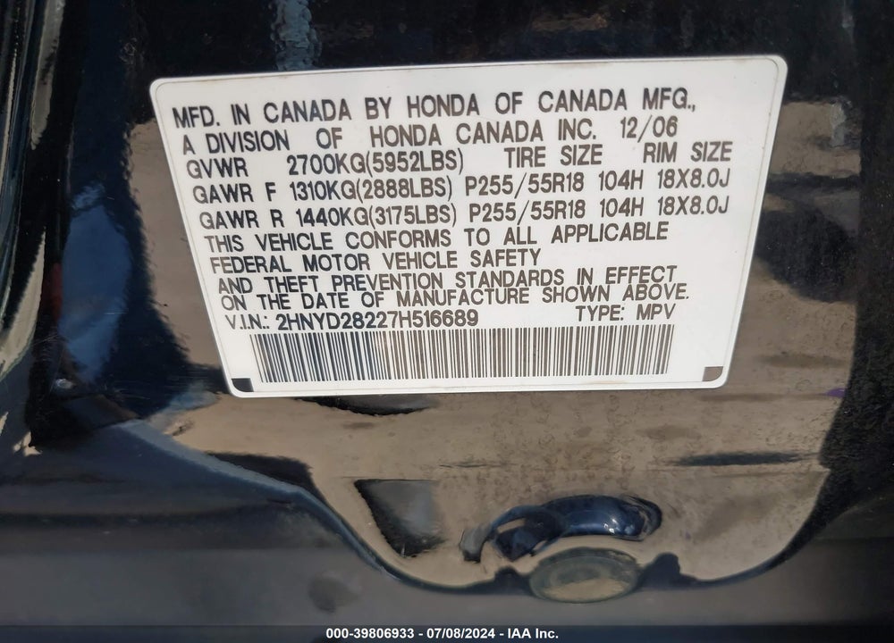 2007 ACURA MDX VIN: 2HNYD28227H516689