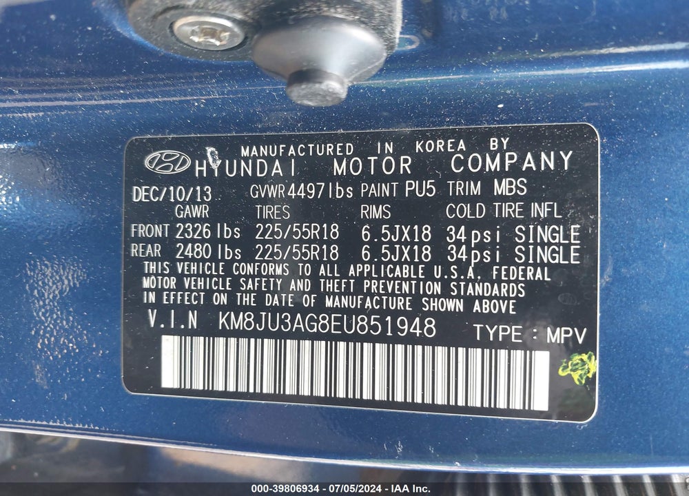 2014 HYUNDAI TUCSON LIMITED VIN: KM8JU3AG8EU851948