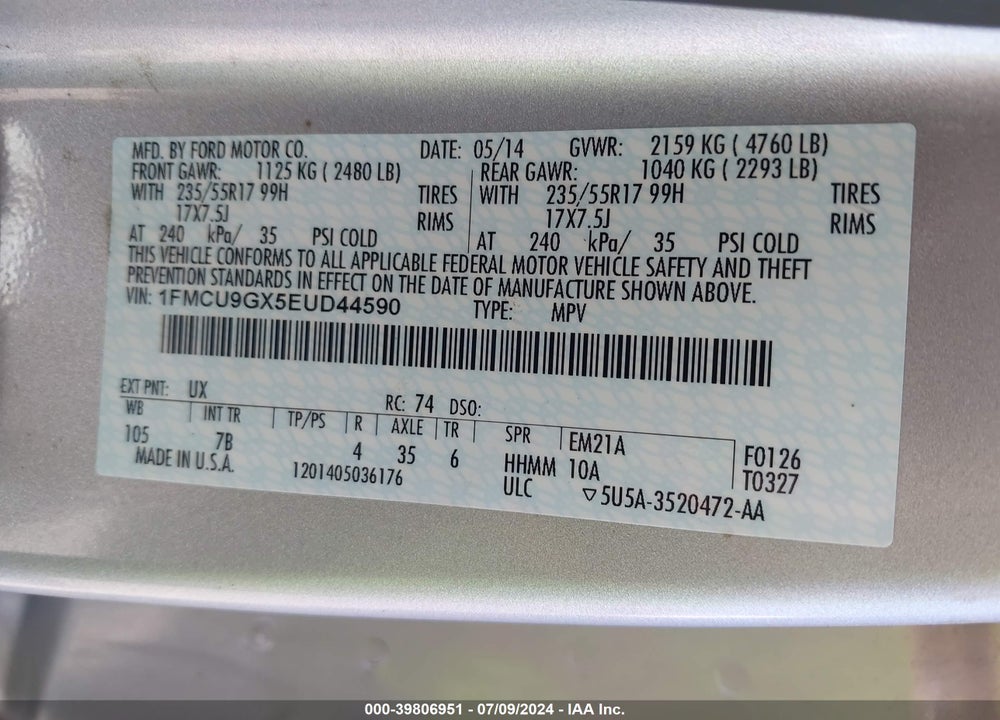 2014 FORD ESCAPE SE VIN: 1FMCU9GX5EUD44590