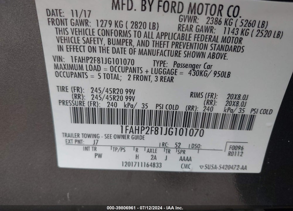2018 FORD TAURUS LIMITED VIN: 1FAHP2F81JG101070