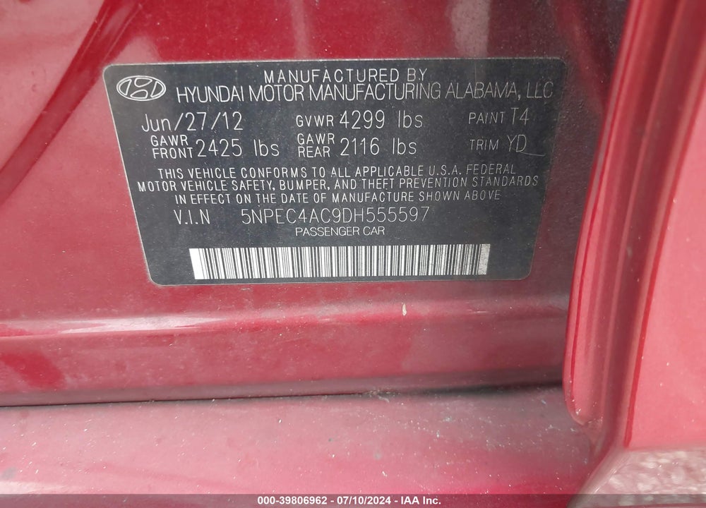 2013 HYUNDAI SONATA LIMITED VIN: 5NPEC4AC9DH555597