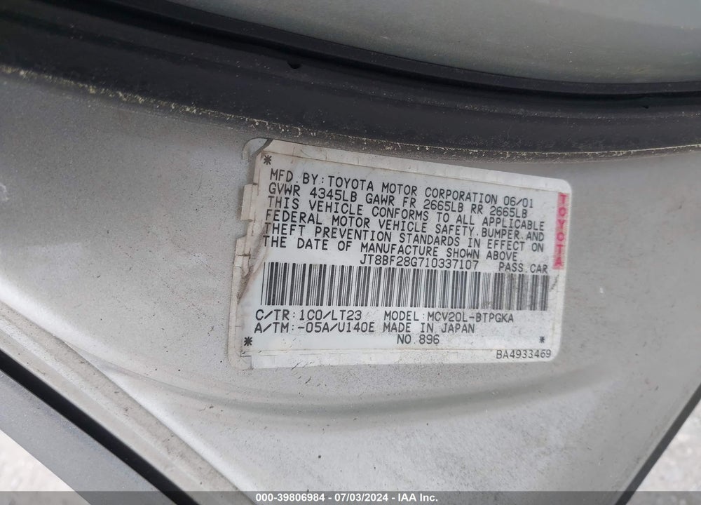 2001 LEXUS ES 300 VIN: JT8BF28G710337107
