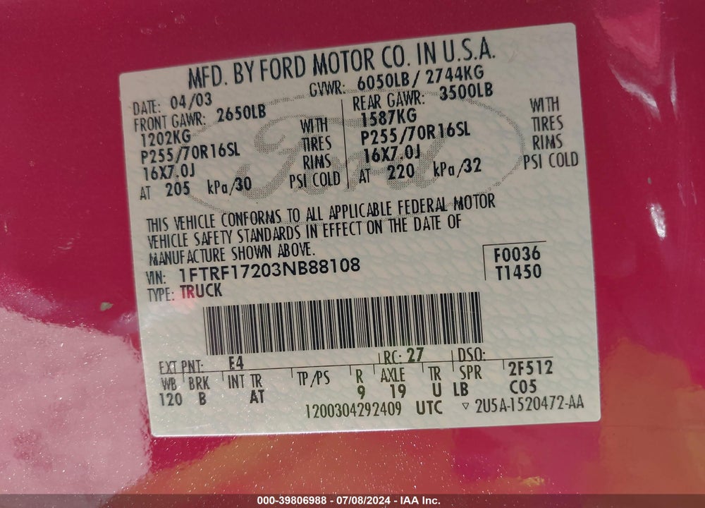 2003 FORD F-150 XL/XLT VIN: 1FTRF17203NB88108