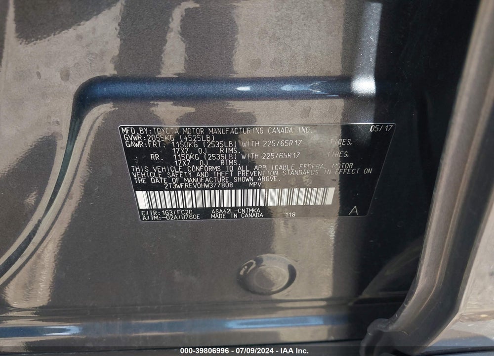 2017 TOYOTA RAV4 XLE VIN: 2T3WFREV0HW377808