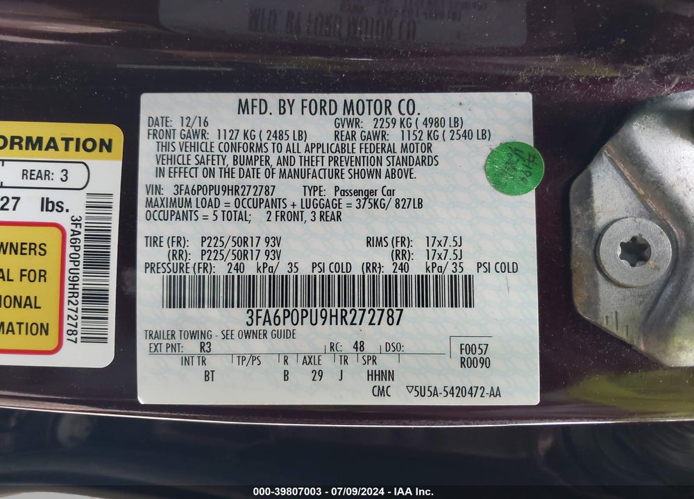 2017 FORD FUSION ENERGI SE LUXURY VIN: 3FA6P0PU9HR272787