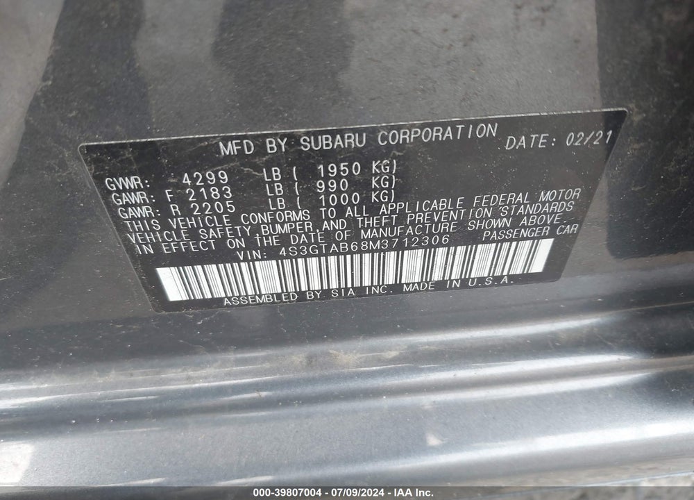 2021 SUBARU IMPREZA 5-DOOR VIN: 4S3GTAB68M3712306