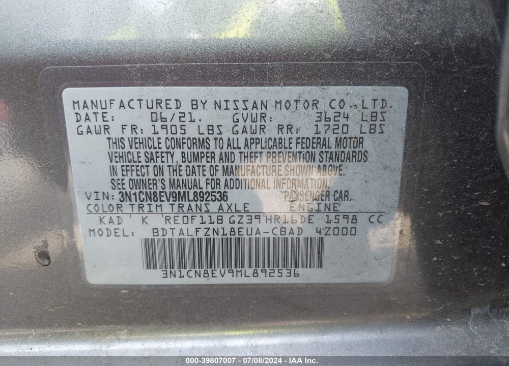 2021 NISSAN VERSA SV XTRONIC CVT VIN: 3N1CN8EV9ML892536