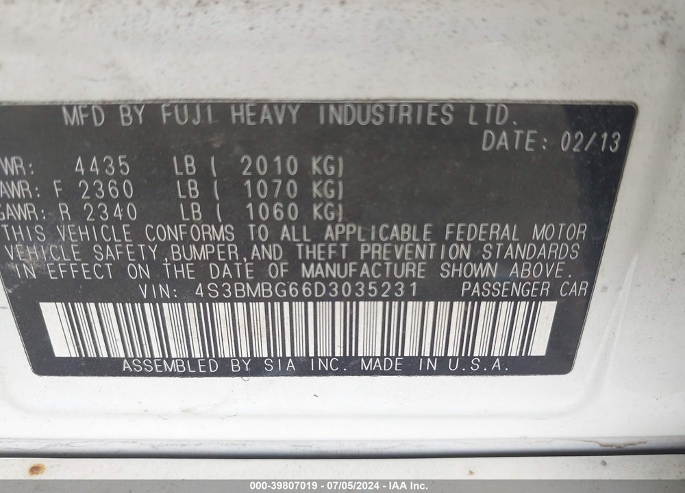 2013 SUBARU LEGACY VIN: 4S3BMBG66D3035231