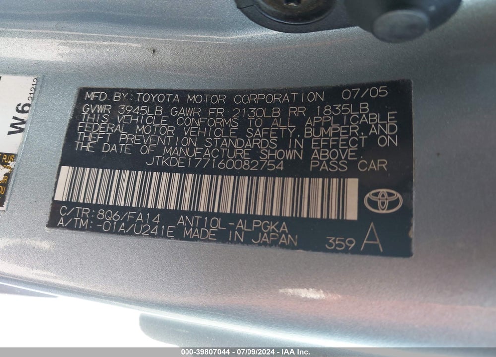 2006 SCION TC VIN: JTKDE177160082754