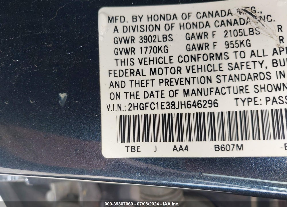 2018 HONDA CIVIC EX-T VIN: 2HGFC1E38JH646296
