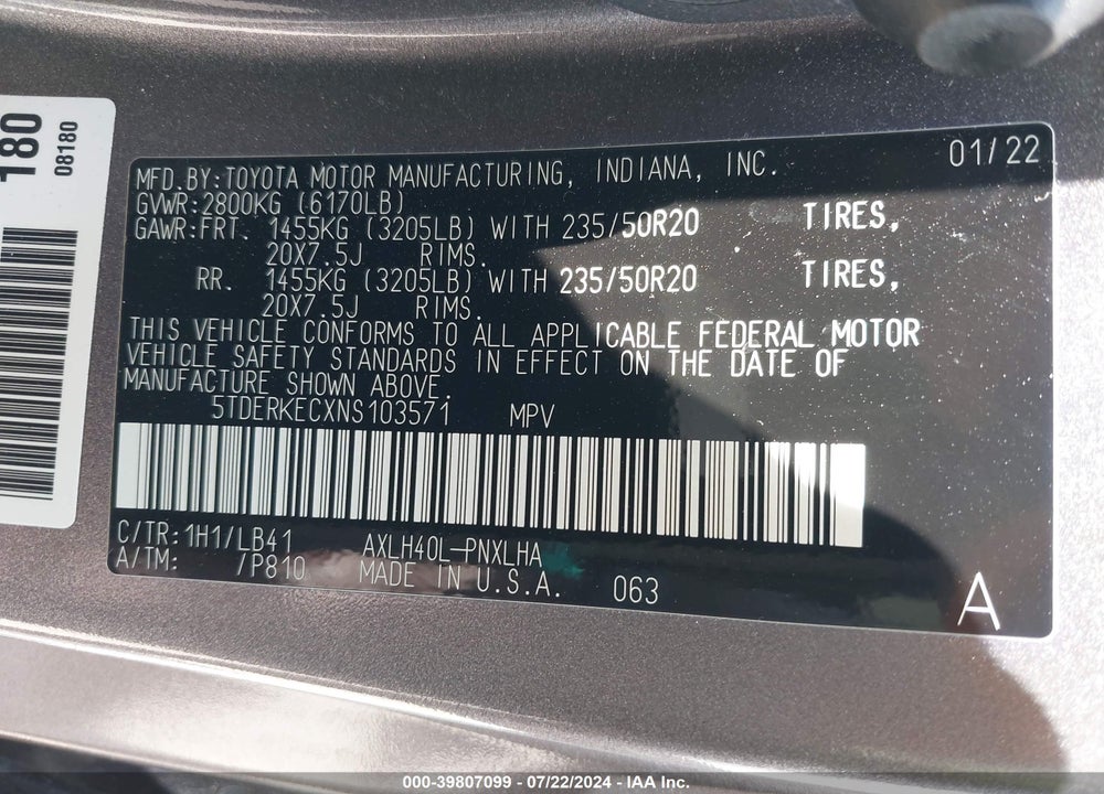 2022 TOYOTA SIENNA PLATINUM VIN: 5TDERKECXNS103571