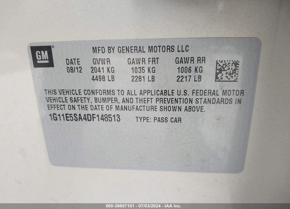 2013 CHEVROLET MALIBU 2LT VIN: 1G11E5SA4DF148513