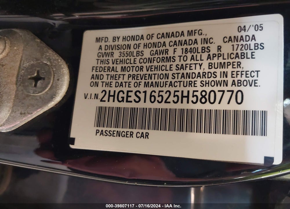 2005 HONDA CIVIC LX VIN: 2HGES16525H580770