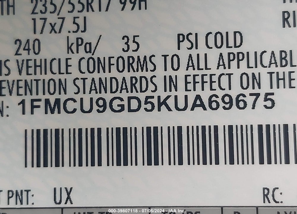 2019 FORD ESCAPE SE VIN: 1FMCU9GD5KUA69675