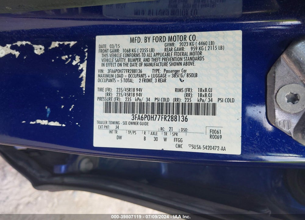 2015 FORD FUSION SE VIN: 3FA6P0H77FR288136