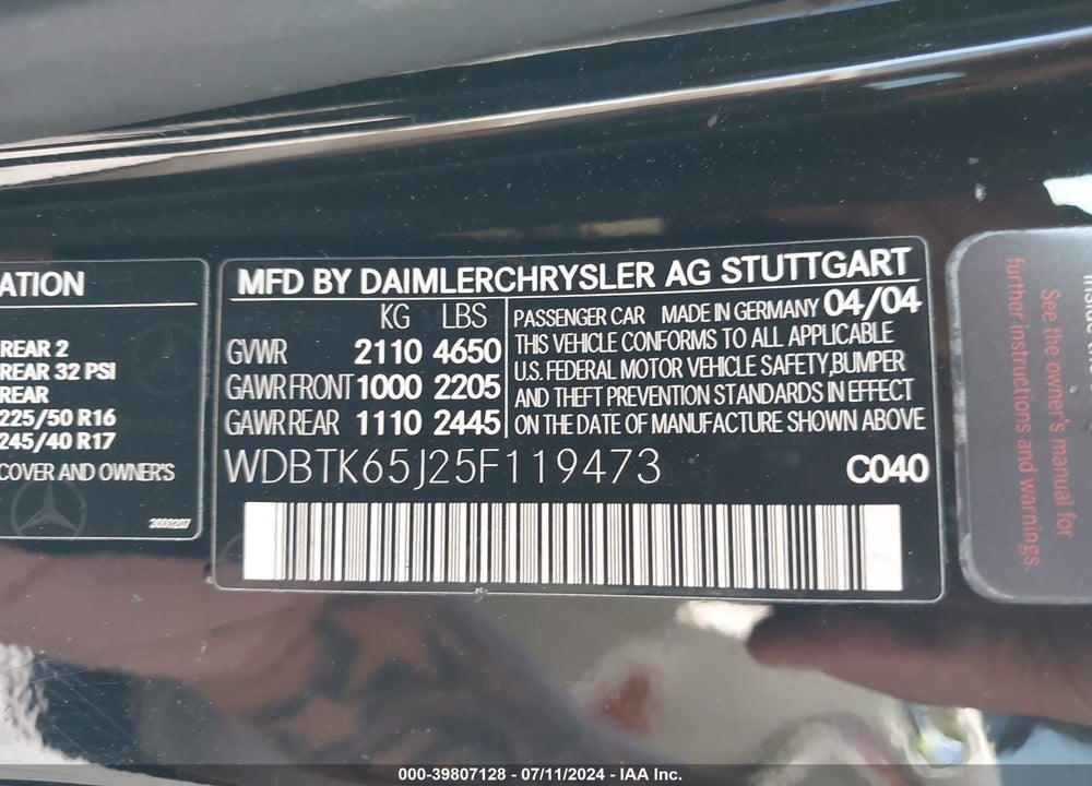 2005 MERCEDES-BENZ CLK 320 VIN: WDBTK65J25F119473