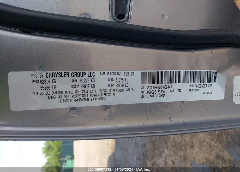 2013 DODGE CHARGER SE VIN: 2C3CDXBG9DH636443
