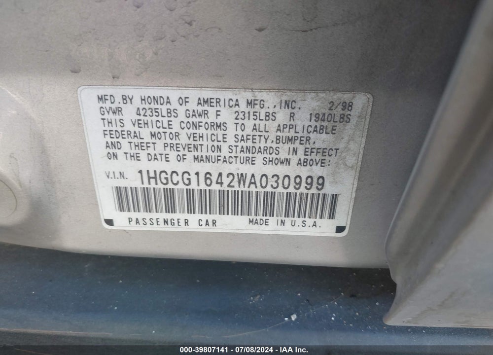 1998 HONDA ACCORD LX V6 VIN: 1HGCG1642WA030999