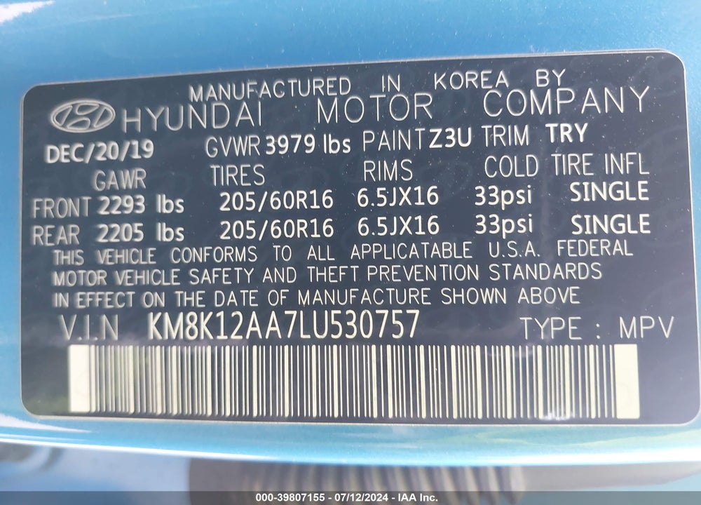 2020 HYUNDAI KONA SE VIN: KM8K12AA7LU530757