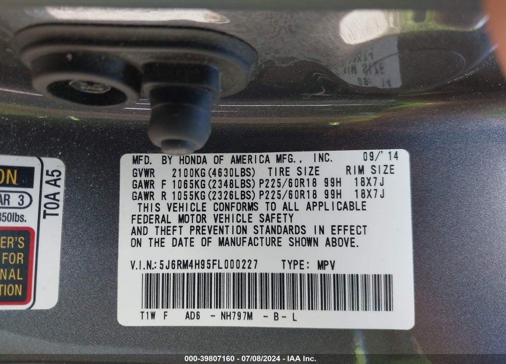 2015 HONDA CR-V TOURING VIN: 5J6RM4H95FL000227