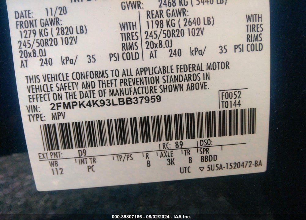 2020 FORD EDGE TITANIUM VIN: 2FMPK4K93LBB37959