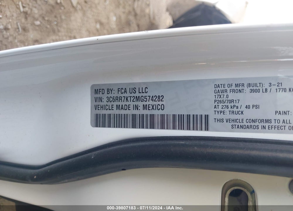 2021 RAM 1500 CLASSIC TRADESMAN 4X4 5'7 BOX VIN: 3C6RR7KT2MG574282