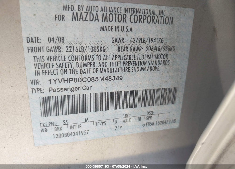 2008 MAZDA 6 I SPORT VE VIN: 1YVHP80C085M48349