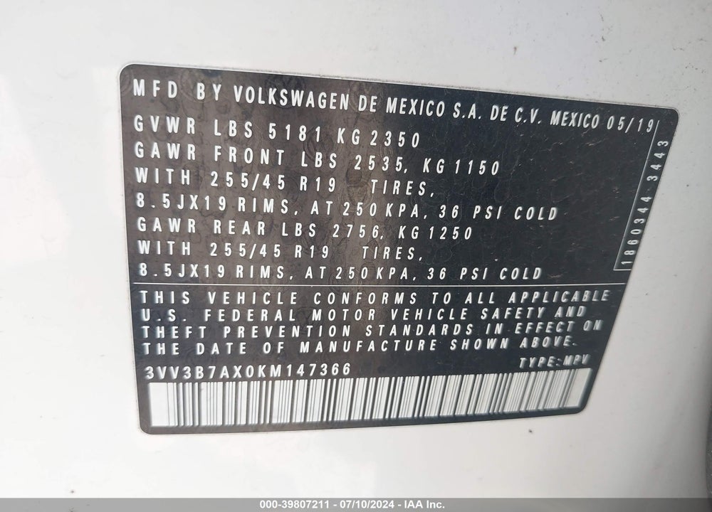 2019 VOLKSWAGEN TIGUAN 2.0T SE/2.0T SEL/2.0T SEL R-LINE/2.0T SEL R-LINE BLACK VIN: 3VV3B7AX0KM147366