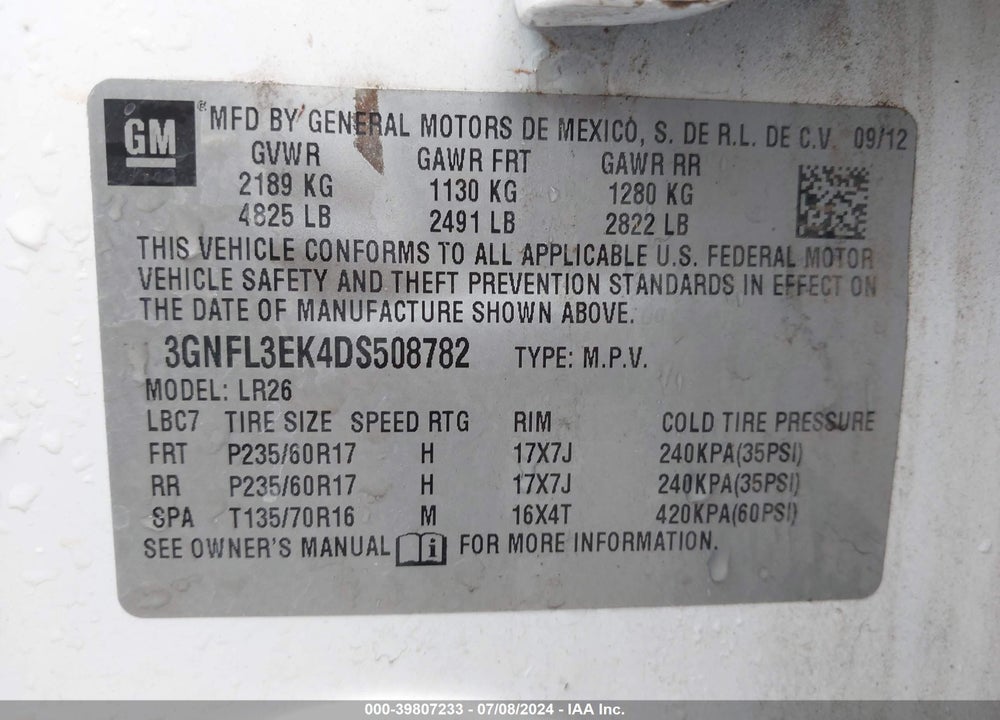 2013 CHEVROLET CAPTIVA SPORT LT VIN: 3GNFL3EK4DS508782