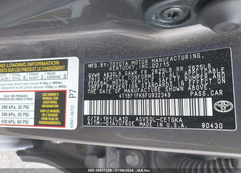 2015 TOYOTA CAMRY XLE VIN: 4T1BF1FK6FU932349