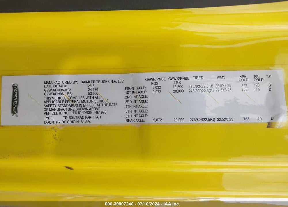 2016 FREIGHTLINER CASCADIA 125 VIN: 1FUJGLDR3GLHE1978