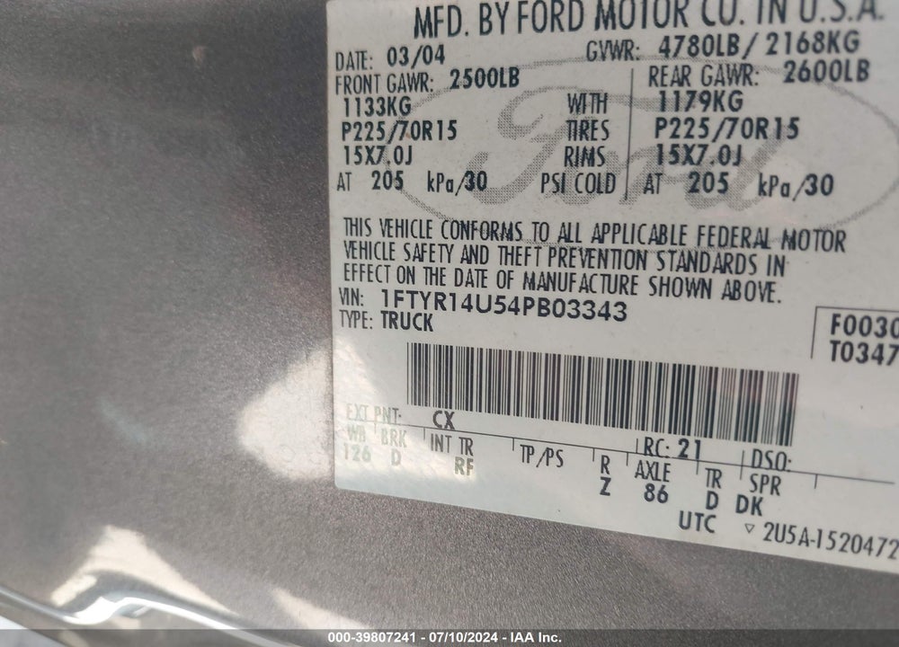 2004 FORD RANGER EDGE/TREMOR/XL/XLT VIN: 1FTYR14U54PB03343