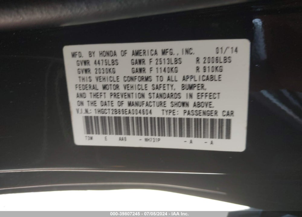 2014 HONDA ACCORD EX-L V-6 VIN: 1HGCT2B89EA004604